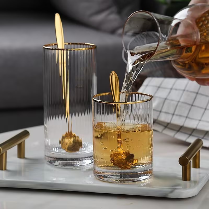 300ml glass water cup whiskey glass cup 10oz gold rim glasses