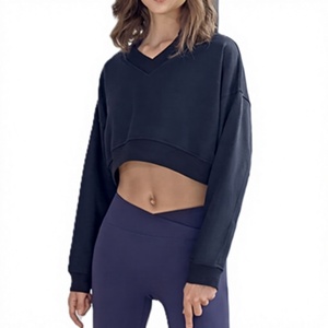 <b>Women's</b> <b>V</b>-<b>Neck</b> Crop <b>Sweatshirt</b> Long Sleeve Solid Color Canvas Nonwoven Quick Dry Breathable Winter Wear 100% Cotton Lined - Product Image 5