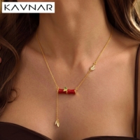 Collier en laiton plaqué or 14K, style lariat, avec feuille de bambou émaillée rouge et pendentif en Y serti de zircone cubique, hypoallergénique, porte-bonheur, cadeau quotidien pour elle, vente en gros OEM