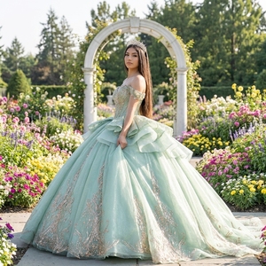 Dy1561 Luxury Vintage Mint Green Natural Quinceanera Party <b>Dress</b> Sparkly Chiffon Ball Gown Beaded Corset <b>Ruffle</b> Waist Rose Gold - Product Image 1