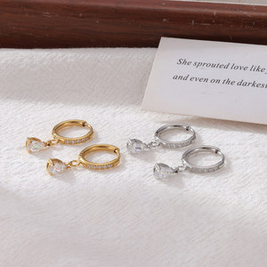 Nouveauté mode, boucles d'oreilles créoles brillantes en acier inoxydable plaqué or 18 carats, hypoallergéniques, avec pendentif en zircon en forme de larme pour femmes - Product Image 3