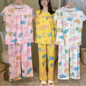 Wholesale Summer Women's Sleepwear Oversize Short Sleeve Long Trouser 2 Piece Pajamas Sets Beach Style Floral Printed Nightwear