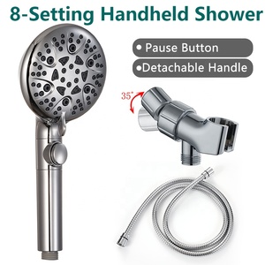 Ensemble de douche à main haute pression style américain, 8+1 modes de pulvérisation, arrêt en un clic, avec support de tuyau et support adhésif, kit de douche - Product Image 1