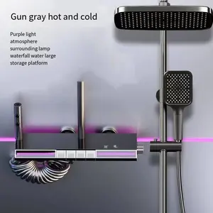 White Gun Metal Digital Display Piano Keys Hot And Cold Rain Shower Head LED Shiny Bathroom Shower Set