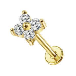 Vente en gros de Piercing corporel fin en or massif 9k 14k 18k, étanche, avec triple zircon cubique transparent, type labret à filetage interne pour cartilage, design poignard - Product Image 4