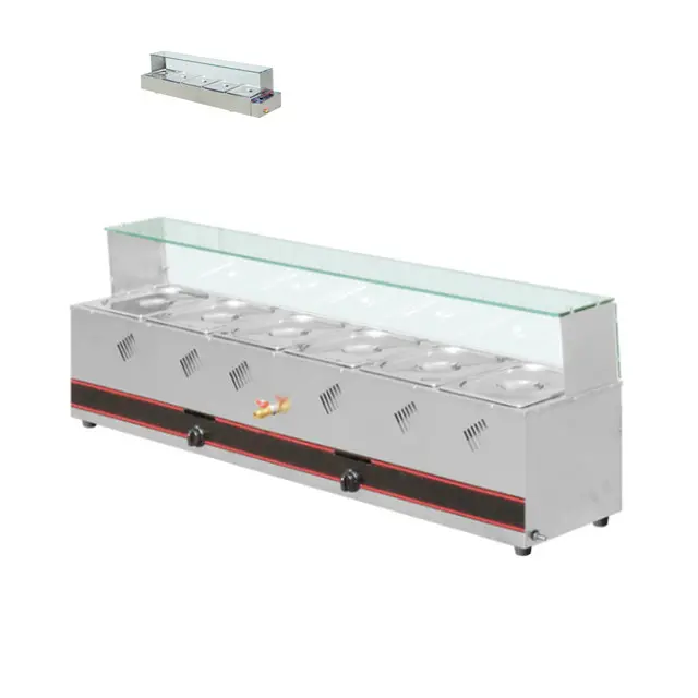 Equipamiento Industrial para Buffet, calentador de alimentos de propano, 5 sartenes, encimera de Gas, con estante de vidrio y macetas de 1,5mm de profundidad, 150 metros