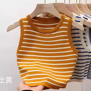 I-0419 Débardeurs d'été pour femmes, col rond, sans manches, coupe courte, avec logo frontal, rayé, couleur unie, ajusté, tissé, respirant, décontracté au quotidien - Product Image 2