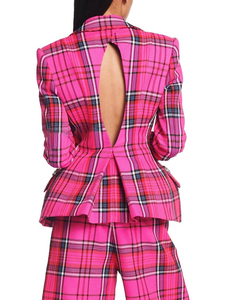 TWOTWINSTYLE आकस्मिक गुलाबी प्लेड Backless चिथड़े हीरा एकल छाती महिलाओं रंगीन जाकेट - Product Image 3