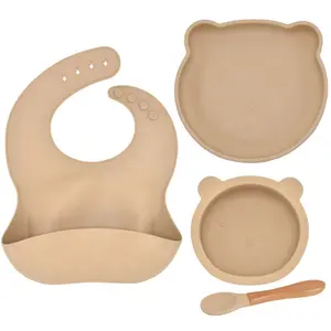 Conjunto de talheres de silicone para bebês, criança, alimentação, silicone de alta qualidade, antiderrapante, com sucção, tigela, babador e colher, 4 peças