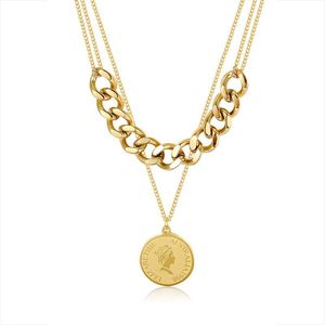 Aretas - Cadena Figaro Clásica Chapada en Oro con Doble Eslabón Cubano y Colgante de Moneda Elizabeth, Joyería de Acero Inoxidable para Mujer, Regalo de Aniversario - Product Image 1