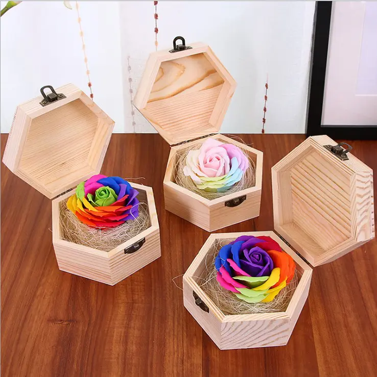 Hadiah Romantis Sihir Berwarna-warni Diawetkan Mawar Bunga Sabun Kotak Kayu Kemasan Beraroma Rainbow Sabun Bunga Mawar