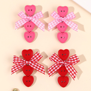 Niedliche Herz-Knopf-Haarspangen für Mädchen, Gingham-Band-Schleifen-Haarspange, handgemachte karierte Haaraccessoires für Kinder, Großhandel - Product Image 1