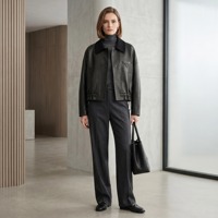 Veste en cuir véritable noire pour femme, col en tissu mélangé, taille ajustable avec cordon, manteau décontracté – Grande Vente