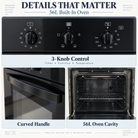 Oven Listrik Built-in 56L Tombol Mekanik 220-240V 4 Mode Pemanasan Konveksi Panggangan Kaca Hitam Ukuran Keluarga OEM