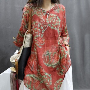 Retro Print Mid Sleeve V Neck Cotton Linen Loose Dress Breathable Daily Wear Women Casual Style - Product Image 1