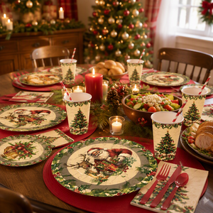 Ensemble de vaisselle jetable en papier pour Noël vintage, assiettes, gobelets, serviettes, fournitures de repas pour les fêtes - Product Image 5