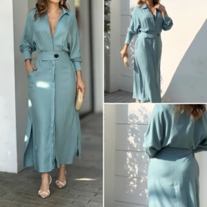 Nuovo Elegante Abito Camicia da <span class=keywords><strong>Donna</strong></span> <span class=keywords><strong>con</strong></span> Colletto a Risvolto, Maniche Lunghe e Tasche, <span class=keywords><strong>Vestito</strong></span> <span class=keywords><strong>Lungo</strong></span> <span class=keywords><strong>con</strong></span> <span class=keywords><strong>Spacco</strong></span> - Product Image 4