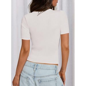 Camiseta de Manga Corta para Mujer, Tejido Acanalado, Cuello Redondo, Corte Ajustado, Básica, Informal, Mezcla de Algodón y Spandex, Transpirable, para Verano - Product Image 2