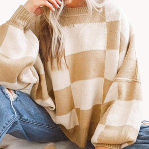 Pull ample à col rond en tricot à motif écossais pour femme, haut en tricot ample à col rond à motif écossais, haut d'extérieur pour femme - Product Image 5