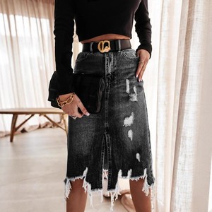 Nuove donne alla moda retrò con nappine Modulare irregolari Maxi gonne in Denim a vita alta Wash Midi strappati gonne di Jeans - Product Image 4