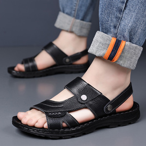 Sandales en cuir véritable pour hommes, bout ouvert, semelle en caoutchouc, chaussures décontractées d'été pour l'extérieur - Product Image 2