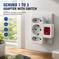 Adaptador en Forma de T Blanco Certificado por TUV Rheinland, 1 Schuko Tipo F 16A, 2 Euro Tipo C 2.5A, Interruptor Basculante Rojo, Doble Aislamiento, CE