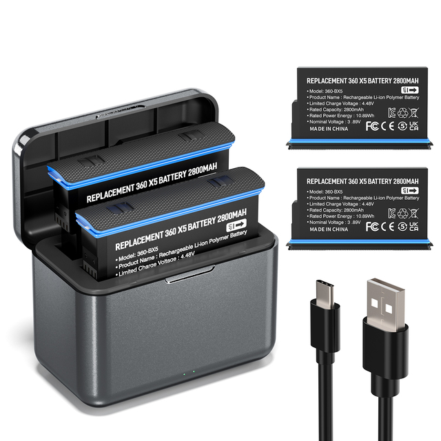 2 Pack 2800mAh Rechargeable Battery with Charge Hub 3 Slot Camera Charger Accessories Compatible with Insta360 X5
