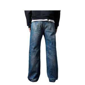 Celana Denim Pria Custom 100% Katun 14 Oz Dark Wash Produsen Celana Streetwear Wide Leg Celana Jeans Baggy Denim Shadow Patch Pria - Product Image 2
