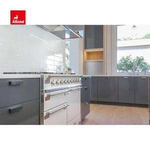 Placard de cuisine gris brillant mélangé avec des dalles de chêne teinté avec hotte dissimulée et de nombreuses armoires de rangement - Product Image 4