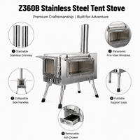 Poêle de tente 360° en acier inoxydable, portable et léger, avec fenêtre de visualisation unique, à bois, pour tente chauffée, camping, avec support métallique pliable