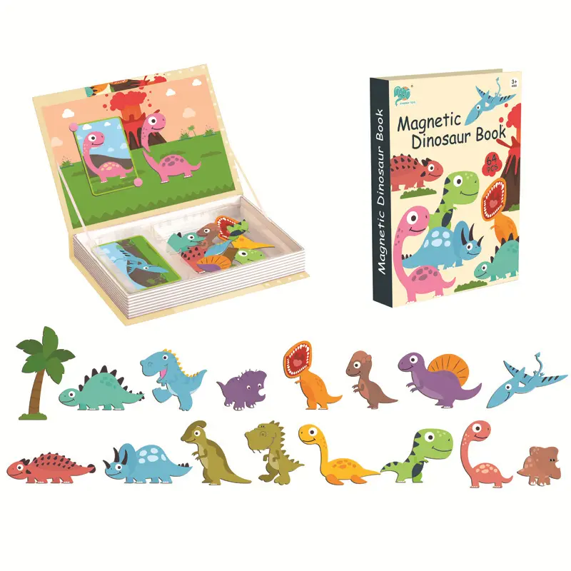 Mainan Batang Pengembangan Intelektual, Buku Magnet Puzzle Magnetik untuk Anak-anak Karakter Hewan Dinosaurus Lalu Lintas