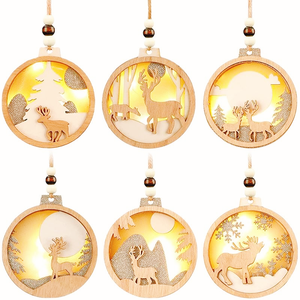 Juego de adornos rústicos de granja de Navidad LED 3D para decoraciones de árboles de Navidad, adornos colgantes de madera de reno con purpurina - Product Image 1