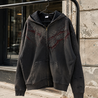 Sweat à capuche noir vieilli à fermeture éclair intégrale, coupe ample, effet délavé vintage, pour tenues décontractées, streetwear et survêtements