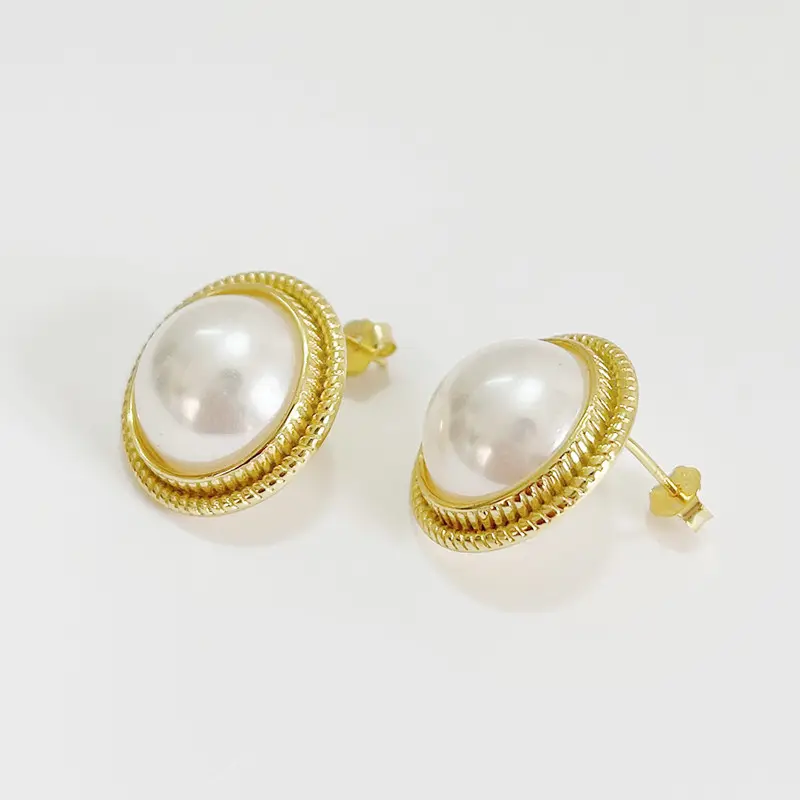 Vintage 18K Gold Plated Circle 925 Sterling Silver Big Pearl Stud Earrings