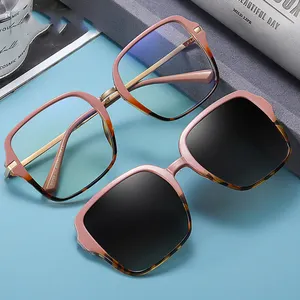 Pink 2 in 1 Magnet Square Sunglasses Women Trendy Polarized Ladies Sunglasses Big Clip On Anti Blue Light Transparent Glasses