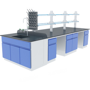 Mesa de laboratorio con superficie epoxi, estructura de acero, 4 cajones, con fregadero y estante para experimentos de química - Product Image 1