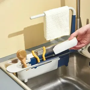 Organisateur d'évier de cuisine en plastique, étagère télescopique, support de rangement pour savon et éponge, panier de drainage réglable, panier de rangement en PP écologique - Product Image 4