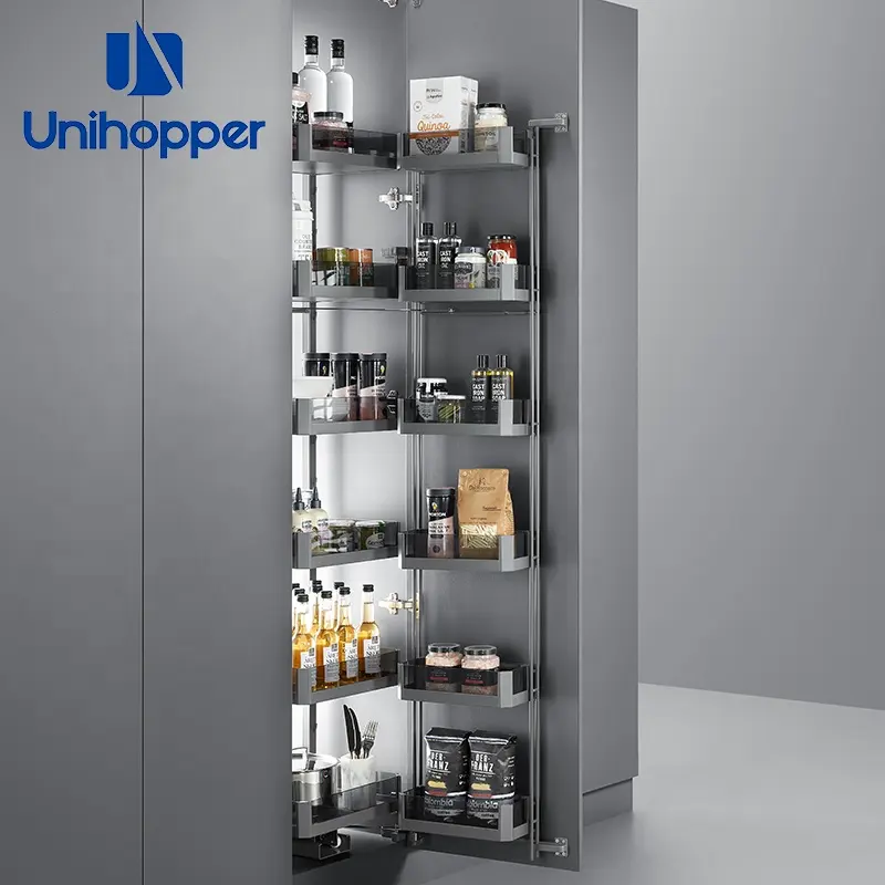 Unihang lemari dapur kaca Tempered, keranjang tarik Pantry Unit tinggi dengan penutup lembut geser