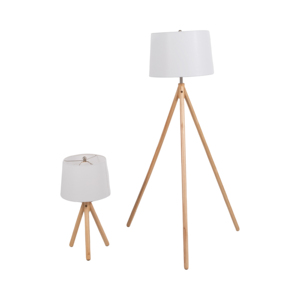 Lampada da terra e da tavolo in legno con paralume in lino per camera da letto, soggiorno e illuminazione da comodino - Product Image 1