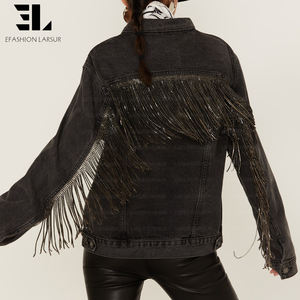 แจ็คเก็ตยีนส์ผู้หญิง LARSUR Custom Factory แต่งพู่ห้อยประดับคริสตัล ลุคทำเก่า ซักฟอก ติดกระดุม แขนยาว - Product Image 4