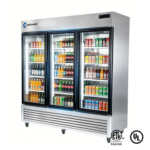 Three Door Commercial Beverage Cooler 3 Glass Doors Air Cooling Stainless Steel Digital Control Supermarket Display Refrigerator