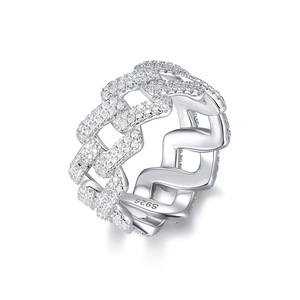 S925 Sterling <b>Silver</b> Moissanite Paved Cuban Link <b>Ring</b> Hip Hop Interlocking Chain Stackable Finger Jewelry For <b>Men</b> Women - Product Image 2