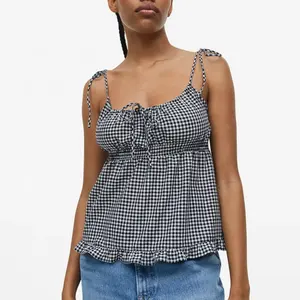 Custom Fashion Dames Geruit Mouwloos Zomervest Zwart En Wit Geruit Strik Strik Strop Crop Top Vrouwen Laag Uitgesneden Sexy Tops