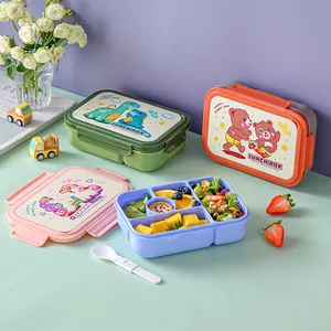 W50 Plastique Cartoon Design Dino Carton 4 Grilles Conteneur Alimentaire Couverts Ensemble 1200ml Bento Lunch Box