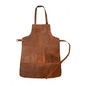 Delantal de trabajo de barista Crazy Horse de cuero de microfibra amarillo-marrón de doble capa, con banda para el cuello y diseño cruzado, logotipo transfronterizo - Product Image 4
