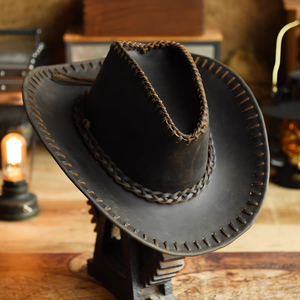 Handmade Crazy Horse Leather Cowboy <b>Hat</b> Vintage Western Outback <b>Hat</b> Men's Genuine Leather Sun Visor Rider Cap for Outdoor - Product Image 2