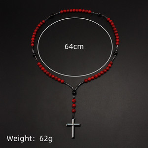 Collana da Uomo con Ciondolo a Croce in Pietra Naturale, Perle di Agata Nera e <span class=keywords><strong>Pietre</strong></span> di Pino Rosso da 8mm - Product Image 4