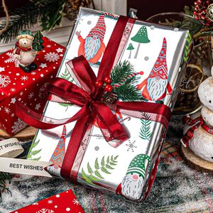Christmas aluminum gift wrapping <b>paper</b> featuring cartoon gnomes on a Christmas tree <b>pattern</b> with silver snowflakes Customizable - Product Image 1