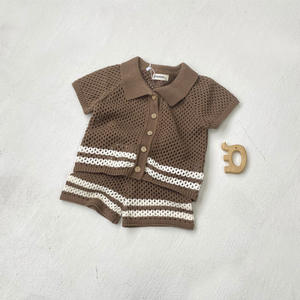 Bebé de verano ahuecado solapa de punto de ganchillo suéter cárdigan + Pantalones cortos conjunto de bebé suéter de dos piezas conjunto - Product Image 5