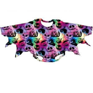 Al por mayor: Pelele unisex para bebé con estampado de calavera de Halloween, mangas con volantes, alas, efecto tie-dye, de algodón orgánico/poliéster y botones a presión - Product Image 2